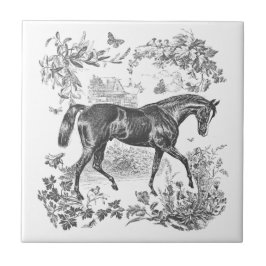 Elegant  rustiek zwart paard bloementoilet tegeltje