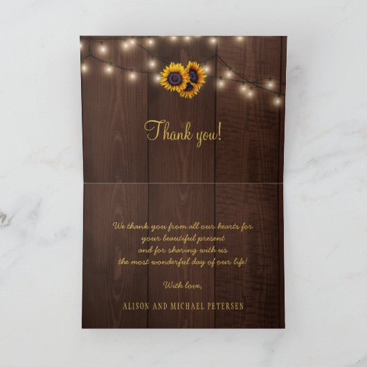 Elegant rustige zonnebloemfotobruiloft bedankkaart (Binnen)
