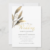 Elegant rustisch goudschrift brown leaf bruiloft kaart (Voorkant)