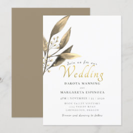 Elegant rustisch goudschrift brown leaf bruiloft kaart