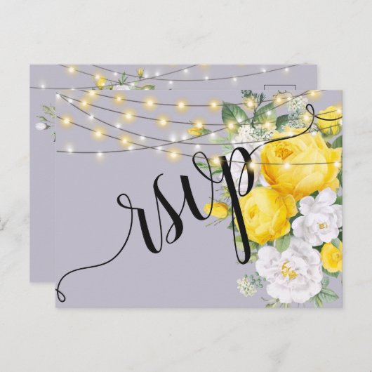 Elegant Rustisch licht Geel Flo RSVP Uitnodiging (Voorkant / Achterkant)
