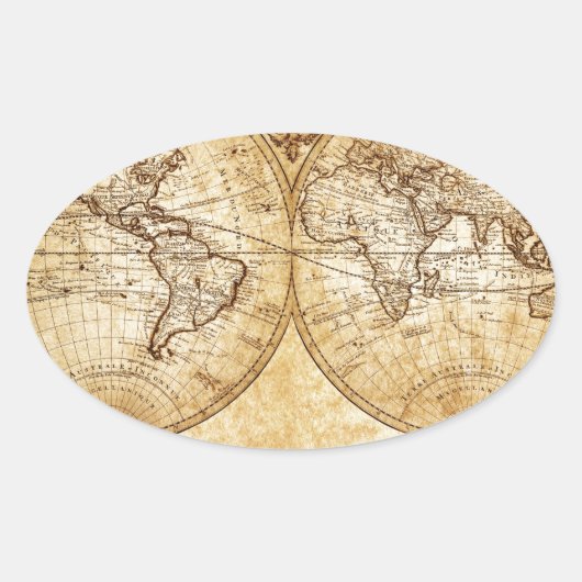 , elegant, rustisch wereldbol, atlas-kaart bruin ovale sticker (Voorkant)