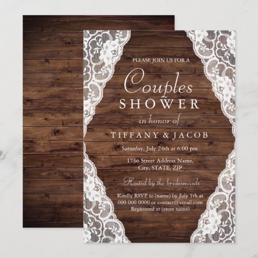 Elegant  Rustisch Wood Lace Couples Shower Kaart (Voorkant / Achterkant)
