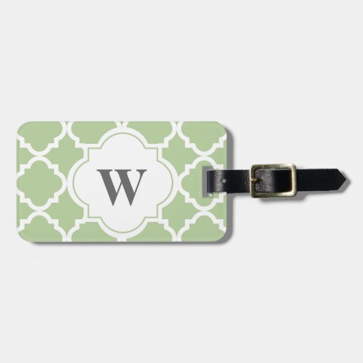 Elegant Sage and White Quatrefoil Monogram Bagagelabel (Voorkant horizontaal)