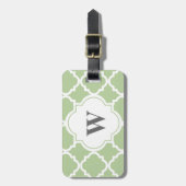 Elegant Sage and White Quatrefoil Monogram Bagagelabel (Voorkant verticaal)