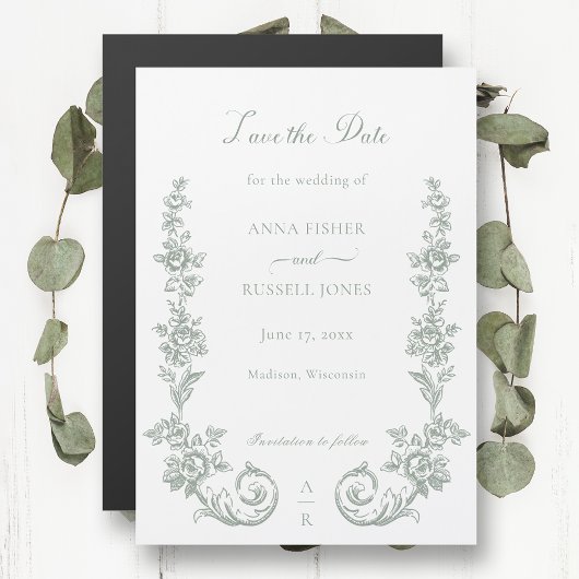 Elegant Sage Baroque Roses Save the Date Magnetische Uitnodiging