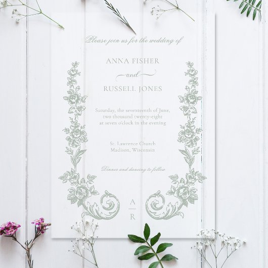 Elegant Sage Baroque Roses Wedding Acryl Uitnodigingen