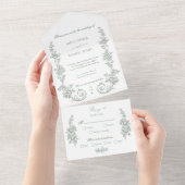 Elegant Sage Baroque Roses Wedding All In One Uitnodiging (Afscheurbaar)
