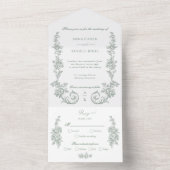 Elegant Sage Baroque Roses Wedding All In One Uitnodiging (Binnen)