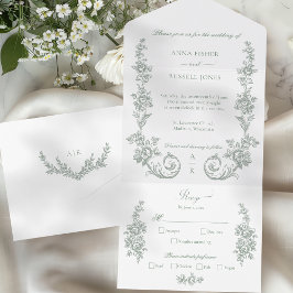 Elegant Sage Baroque Roses Wedding All In One Uitnodiging