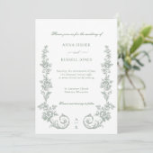 Elegant Sage Baroque Roses Wedding Kaart (Staand voorkant)