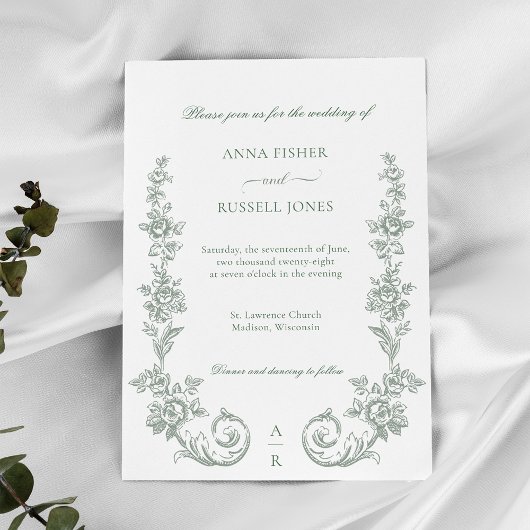 Elegant Sage Baroque Roses Wedding Kaart
