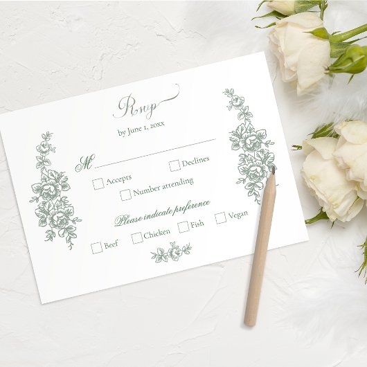 Elegant Sage Baroque Roses Wedding RSVP Kaartje