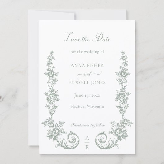 Elegant Sage Baroque Roses Wedding Save The Date (Voorkant)