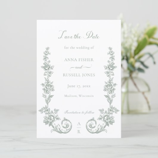 Elegant Sage Baroque Roses Wedding Save The Date (Staand voorkant)