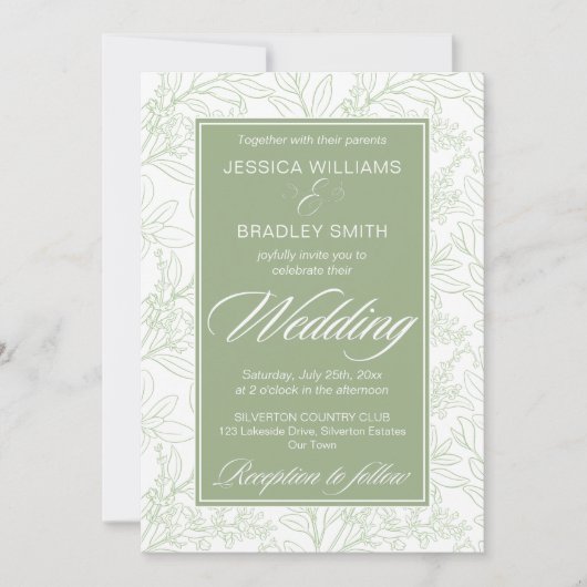 Elegant sage  botanische sage patroon bruiloft kaart (Voorkant)