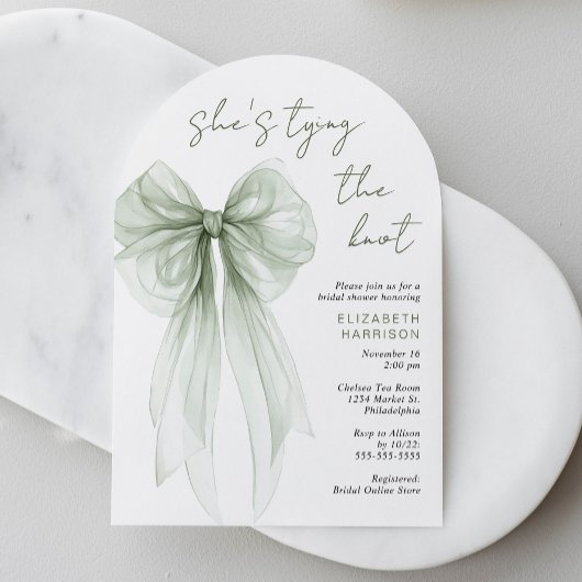 Elegant Sage Bow Watercolor Arch Bridal Shower Kaart