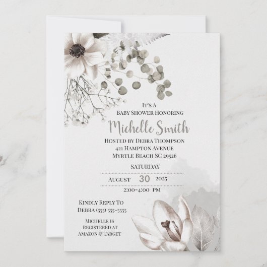 Elegant Sage Cream Floral Baby shower Uitnodiging (Voorkant)