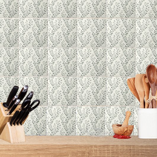 Elegant Sage Cream Minimalist Boho Floral Pattern Tegeltje