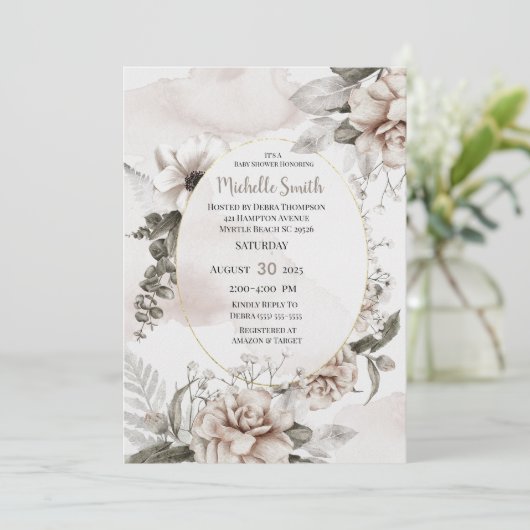 Elegant Sage Cream Waterverf Floral Baby shower Kaart (Staand voorkant)