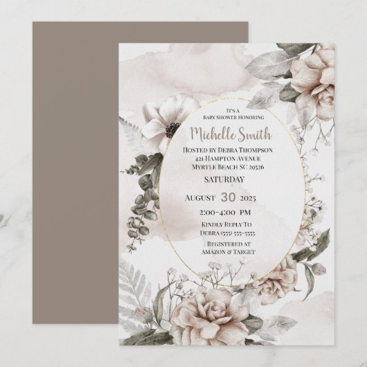 Elegant Sage Cream Waterverf Floral Baby shower Kaart (Voorkant / Achterkant)
