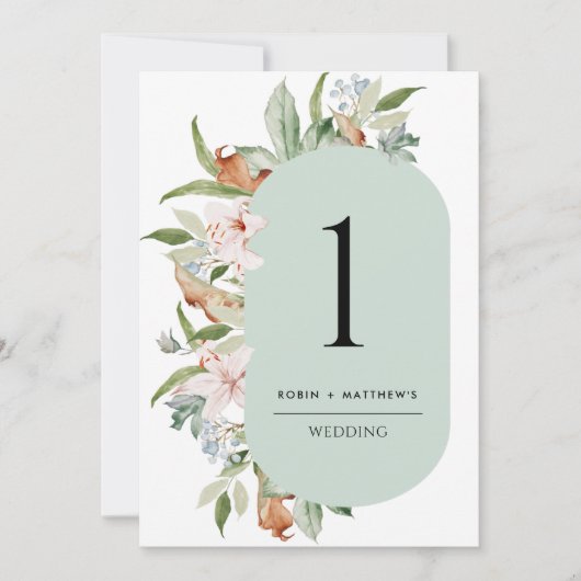 Elegant Sage, Earthy Blooms Wedding Table Number (Voorkant)