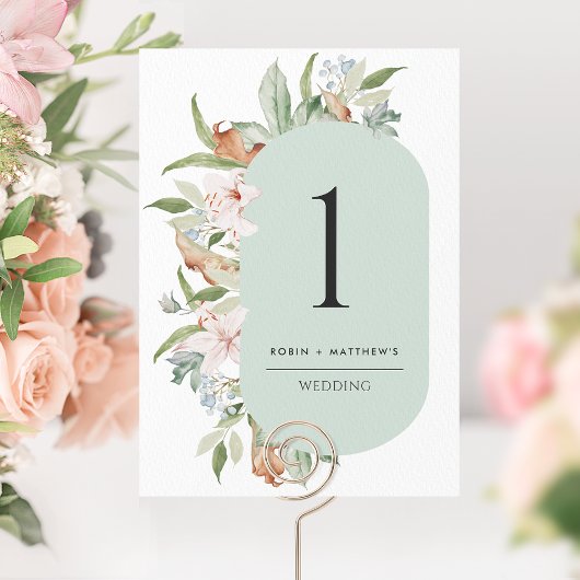Elegant Sage, Earthy Blooms Wedding Table Number
