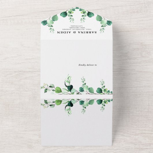 Elegant Sage | Emerald Green Eucalyptus Foliage All In One Uitnodiging (Buitenkant)