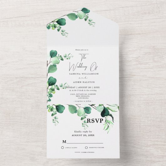 Elegant Sage | Emerald Green Eucalyptus Foliage All In One Uitnodiging (Binnen)