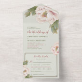 Elegant Sage en Blush Peony Roos Floral Wedding All In One Uitnodiging (Binnen)