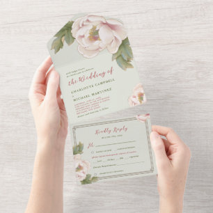 Elegant Sage en Blush Peony Roos Floral Wedding All In One Uitnodiging
