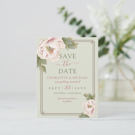 Elegant Sage en Blush Pink Peony Save the Date Briefkaart (Staand voorkant)