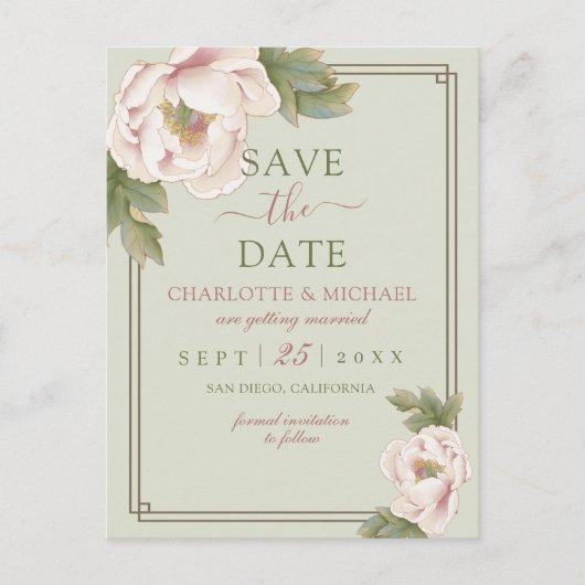 Elegant Sage en Blush Pink Peony Save the Date Briefkaart (Voorkant)