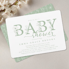 Elegant Sage Floral Baby Shower Typography Kaart