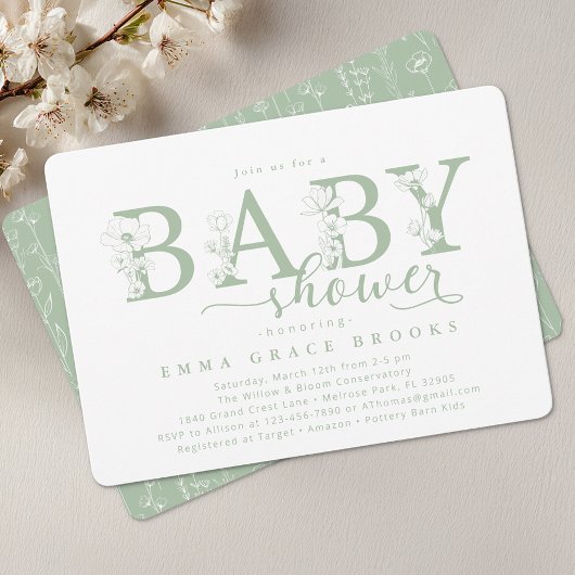 Elegant Sage Floral Baby Shower Typography Kaart