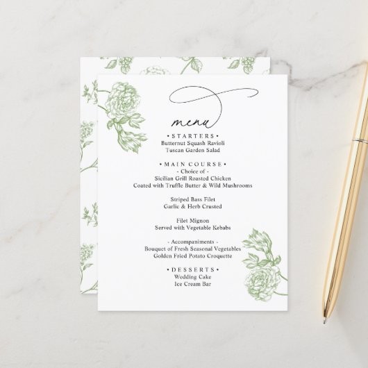 Elegant Sage Floral Modern Script Wedding Menu (Voorkant / Achterkant in situ)