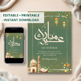 Elegant Sage Floral Mosque and Quran Eid Mubarak Feestdagenkaart