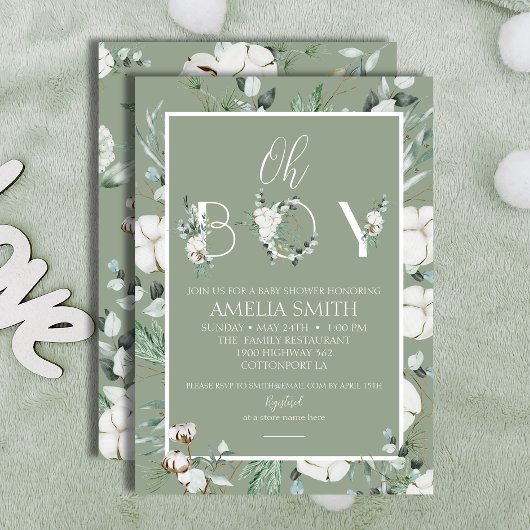 Elegant Sage Floral Oh Boy Baby shower Kaart