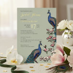 Elegant Sage Floral Peacock Vrijgezellenfeest Folie Uitnodiging<br><div class="desc">Deze Elegant Floral Peacock Vrijgezellenfeest Folie Invitation is voorzien van handgetekende blauw en blauwgroen pauwen neergestreken op Magnolia takken in volle bloei in zwarte inkt met echte gouden folie, tegen een elegante saliegroene achtergrond. Personaliseer met uw vrijgezellenfeest gegevens door te klikken op "Personaliseer deze sjabloon" op de productpagina. Alle tekst...</div>