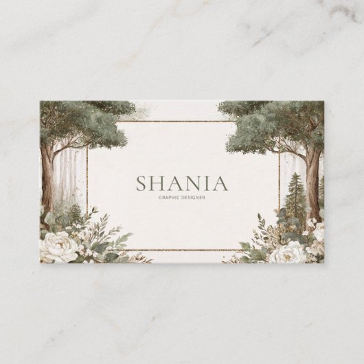 Elegant Sage Forest Gold Frame White Floral Visitekaartje (Voorkant)