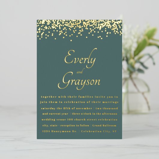 Elegant Sage Forest Green Gold Confetti Wedding Folie Uitnodiging (Staand Voorkant)