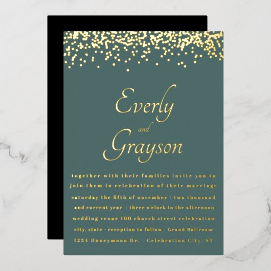 Elegant Sage Forest Green Gold Confetti Wedding Folie Uitnodiging (Voorkant / Achterkant)