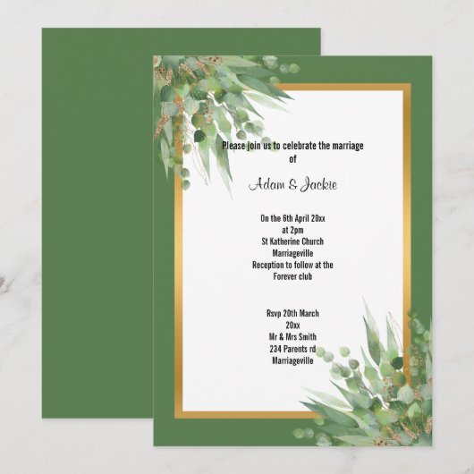 ELEGANT SAGE GOLD EUCALYPTUS WEDDING INVITATION KAART (Voorkant / Achterkant)