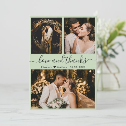 Elegant Sage Green 3 Photo Collage Wedding Bedankkaart (Staand voorkant)
