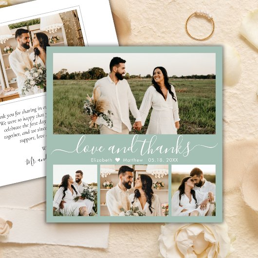 Elegant Sage Green 4 Fotocollage Script Bruiloft Bedankkaart