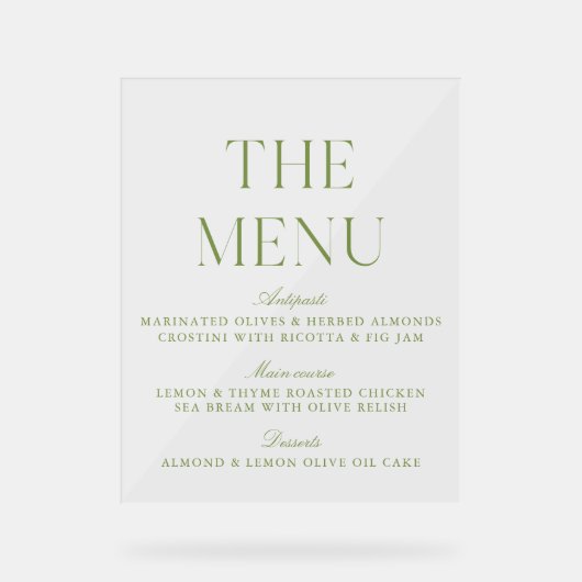 Elegant Sage Green Acrylic Wedding Menu Sign Acryl Bord (Voorkant)