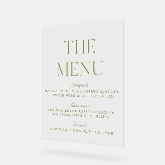 Elegant Sage Green Acrylic Wedding Menu Sign Acryl Bord (Hoek)
