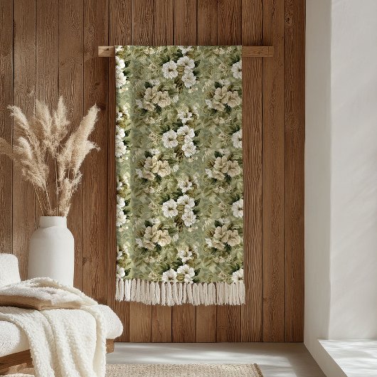 Elegant sage green and white flowers blanket fleece deken