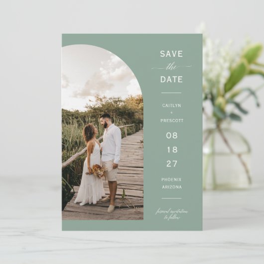 Elegant Sage Green Arc Photo QR Code Save the Date Kaart (Staand voorkant)