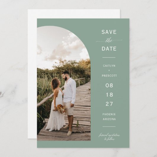 Elegant Sage Green Arc Photo QR Code Save the Date Kaart (Voorkant / Achterkant)
